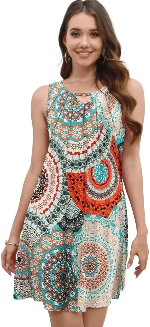 Pleated Front Summer Dresses for Women 2025 Casual Beach Floral Print Sundress Boho Tank Dress