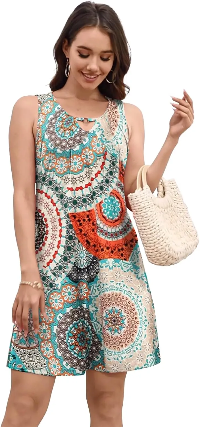 Pleated Front Summer Dresses for Women 2025 Casual Beach Floral Print Sundress Boho Tank Dress