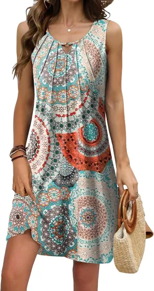 Pleated Front Summer Dresses for Women 2025 Casual Beach Floral Print Sundress Boho Tank Dress