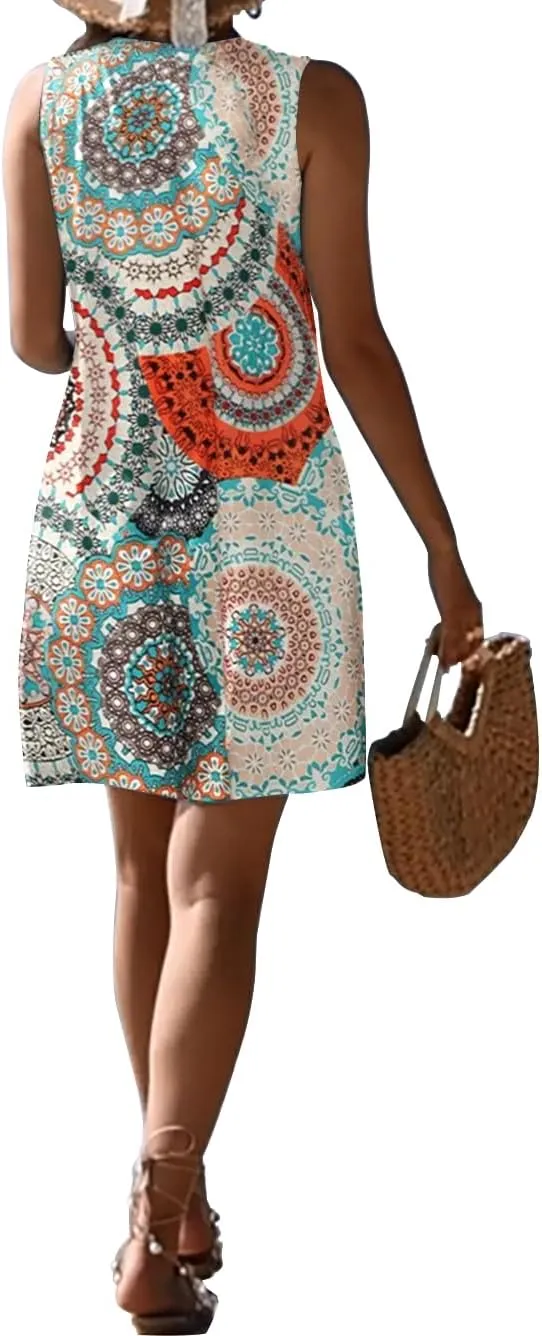 Pleated Front Summer Dresses for Women 2025 Casual Beach Floral Print Sundress Boho Tank Dress