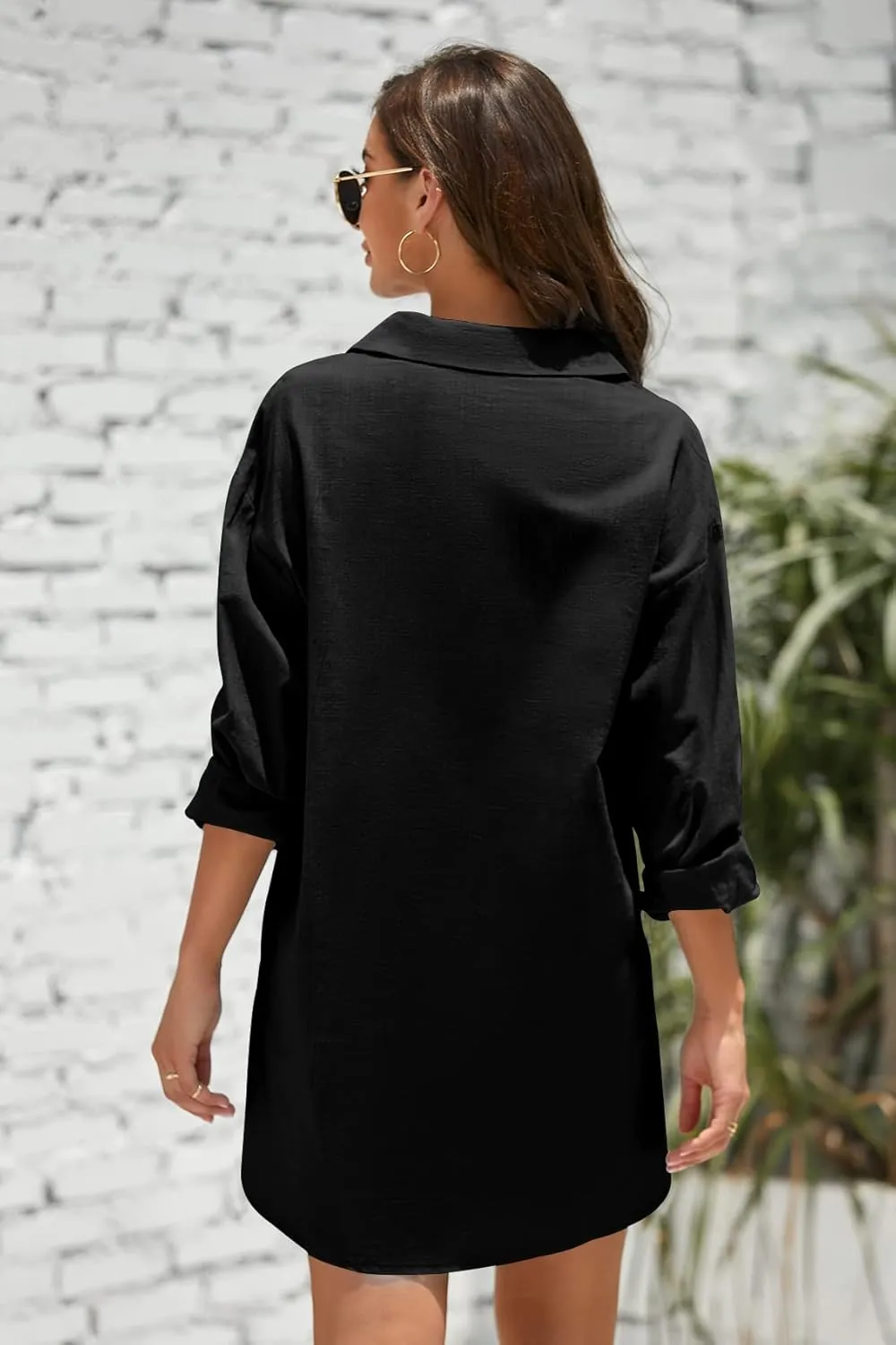 Pretifeel Womens Cotton Linen Tunic Shirts Button Down Long Sleeve Blouse Tops Beach Cover Up