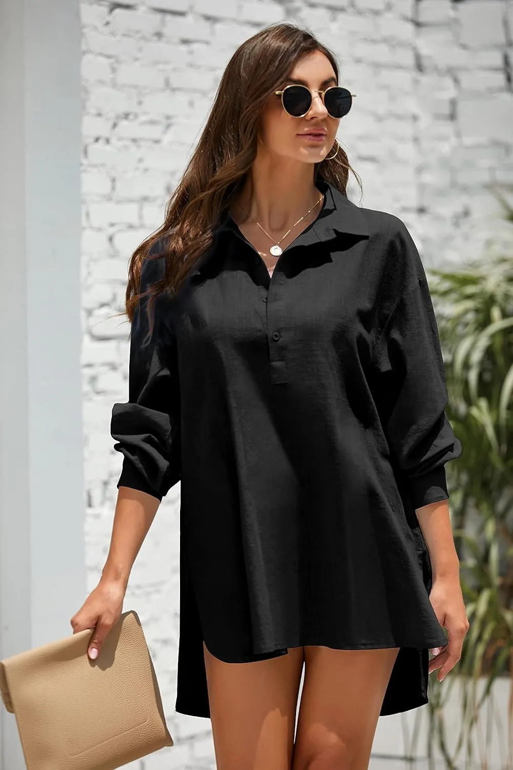 Pretifeel Womens Cotton Linen Tunic Shirts Button Down Long Sleeve Blouse Tops Beach Cover Up