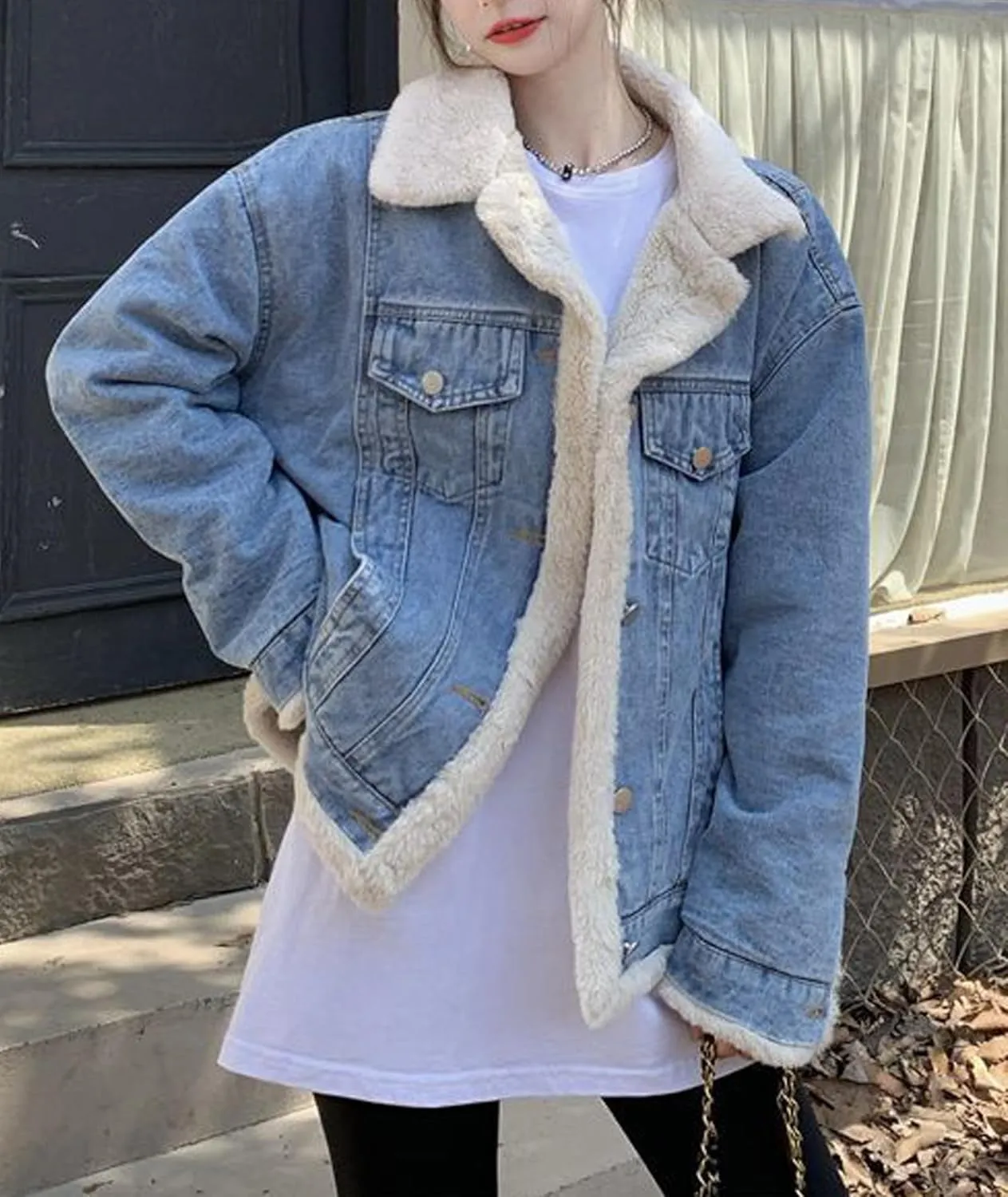 Raboolion Women's Reversible Warm Sherpa Notched Collar Jean Jacket Faux Fur Denim Coat Trucker Jacket