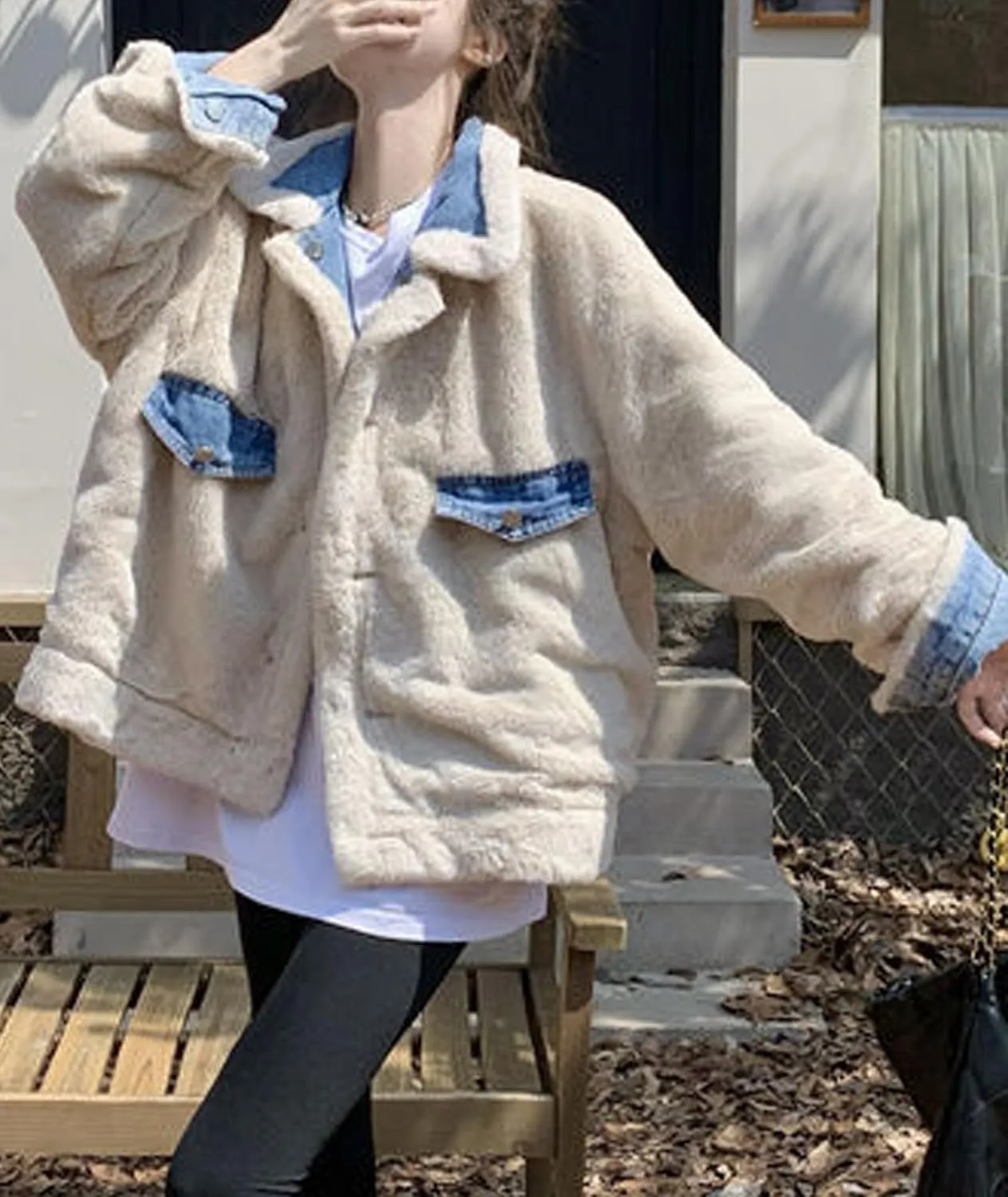 Raboolion Women's Reversible Warm Sherpa Notched Collar Jean Jacket Faux Fur Denim Coat Trucker Jacket