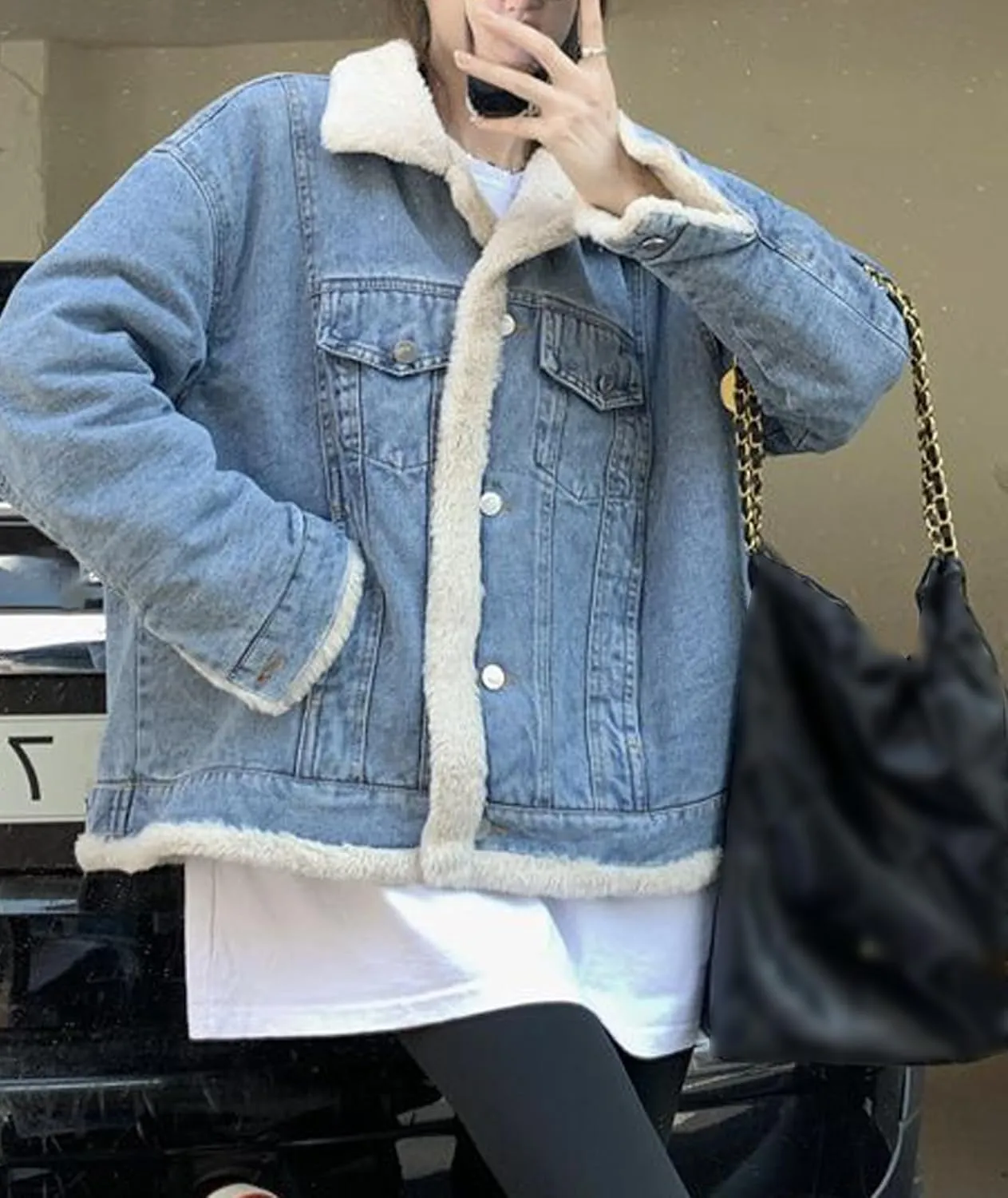 Raboolion Women's Reversible Warm Sherpa Notched Collar Jean Jacket Faux Fur Denim Coat Trucker Jacket