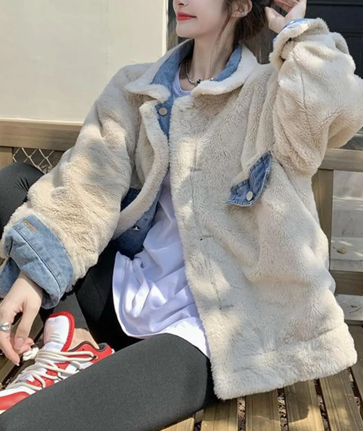Raboolion Women's Reversible Warm Sherpa Notched Collar Jean Jacket Faux Fur Denim Coat Trucker Jacket