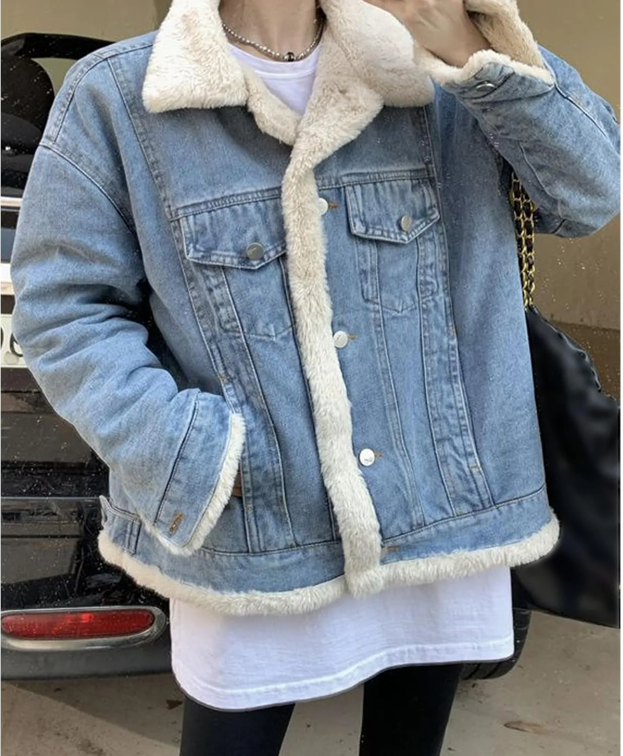 Raboolion Women's Reversible Warm Sherpa Notched Collar Jean Jacket Faux Fur Denim Coat Trucker Jacket