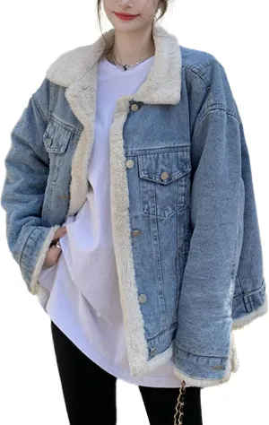 Raboolion Women's Reversible Warm Sherpa Notched Collar Jean Jacket Faux Fur Denim Coat Trucker Jacket
