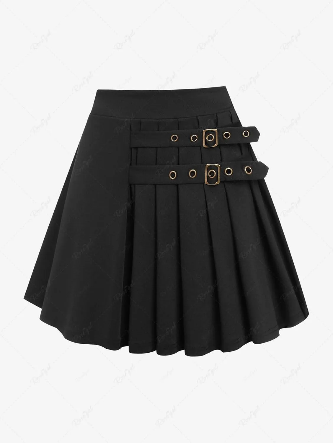 ROSE GAL Rosegal Plus Size Women High Waisted A Line Pleated Mini Skirt with Buckle Grommets Straps