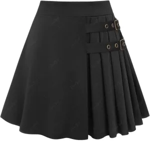 ROSE GAL Rosegal Plus Size Women High Waisted A Line Pleated Mini Skirt with Buckle Grommets Straps