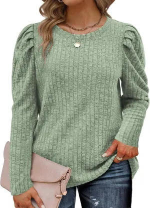 ROSRISS Womens Plus-Size Tops Crewneck Puff Long Sleeve Shirts Dressy Ribbed Knit Tunics Elegant Pullover Sweaters XL-5XL