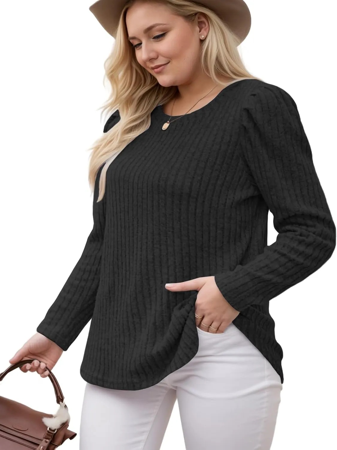 ROSRISS Womens Plus-Size Tops Crewneck Puff Long Sleeve Shirts Dressy Ribbed Knit Tunics Elegant Pullover Sweaters XL-5XL