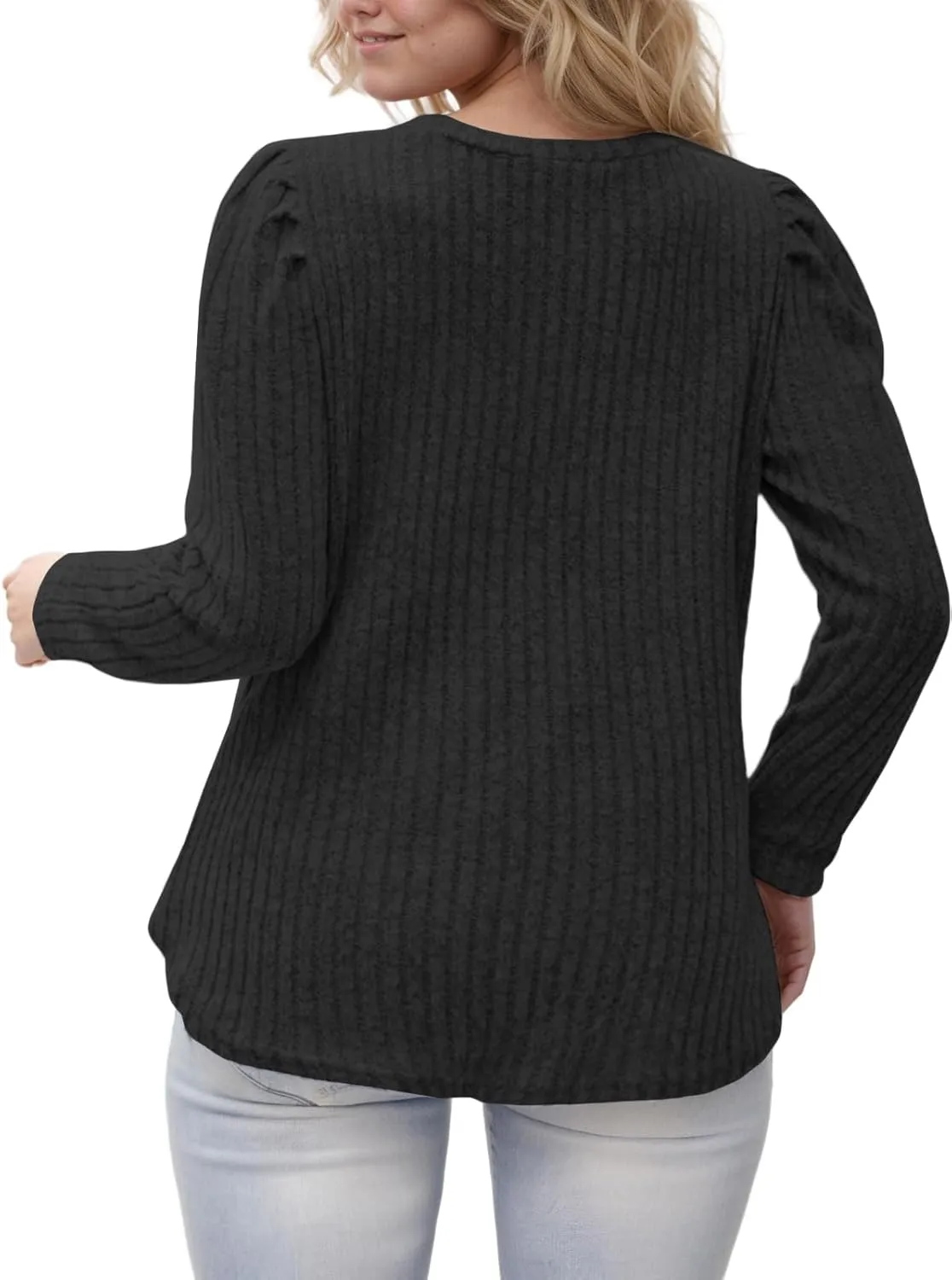 ROSRISS Womens Plus-Size Tops Crewneck Puff Long Sleeve Shirts Dressy Ribbed Knit Tunics Elegant Pullover Sweaters XL-5XL