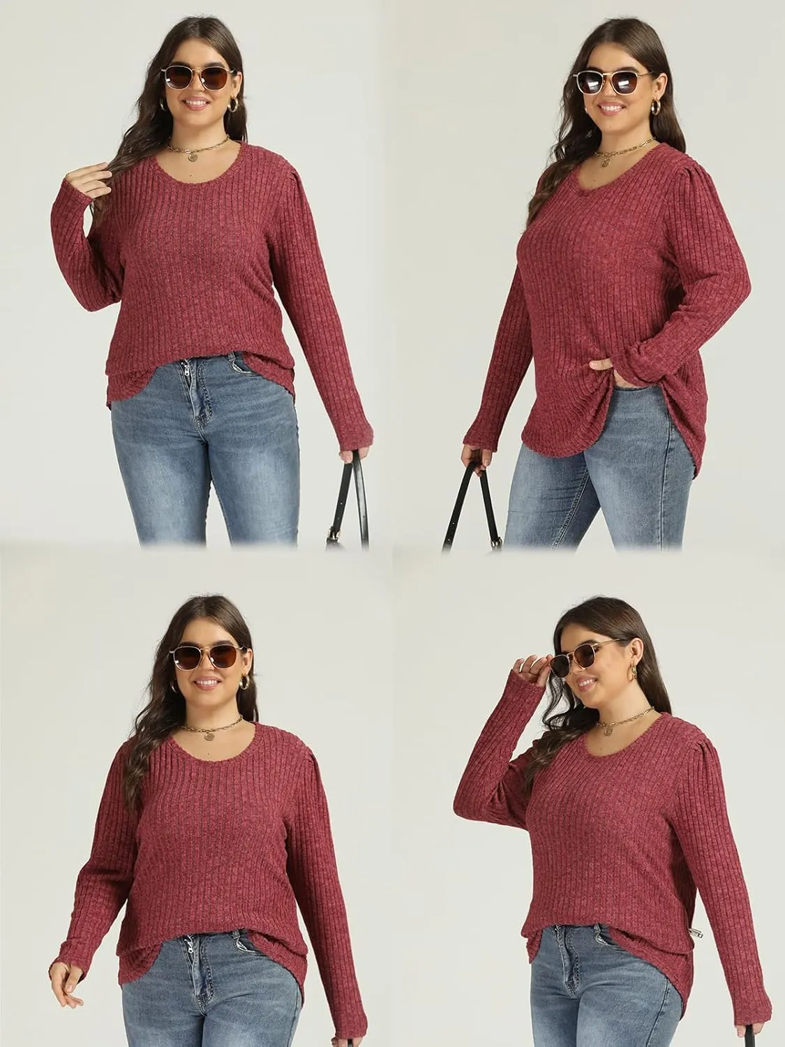 ROSRISS Womens Plus-Size Tops Crewneck Puff Long Sleeve Shirts Dressy Ribbed Knit Tunics Elegant Pullover Sweaters XL-5XL