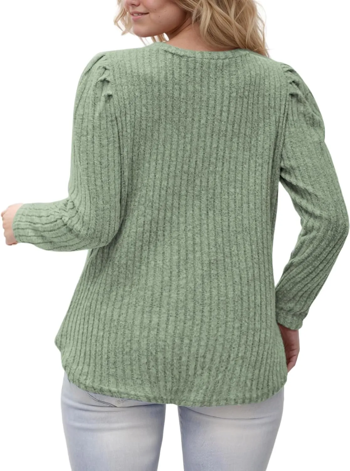 ROSRISS Womens Plus-Size Tops Crewneck Puff Long Sleeve Shirts Dressy Ribbed Knit Tunics Elegant Pullover Sweaters XL-5XL