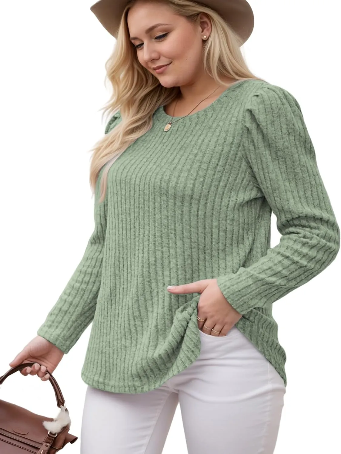 ROSRISS Womens Plus-Size Tops Crewneck Puff Long Sleeve Shirts Dressy Ribbed Knit Tunics Elegant Pullover Sweaters XL-5XL