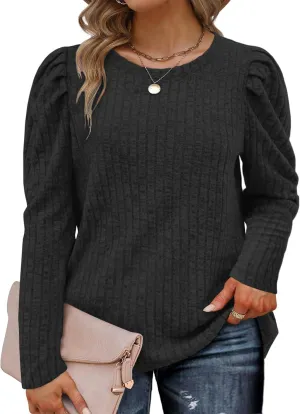 ROSRISS Womens Plus-Size Tops Crewneck Puff Long Sleeve Shirts Dressy Ribbed Knit Tunics Elegant Pullover Sweaters XL-5XL