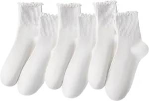 Ruffle Socks for Women, Ankle Frilly Crew Sock Soft Cotton Calf 6 Pack