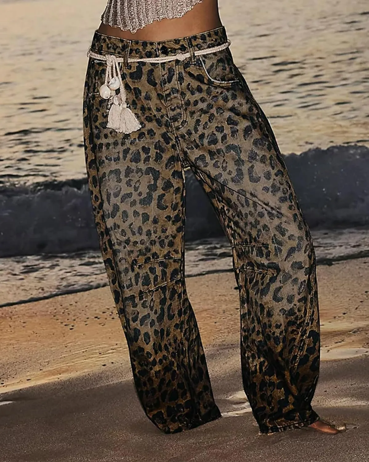 SAFRISIOR Leopard Jeans for Women Baggy Barrel Pants Mid Rise Cheetah Print Ankle Wide Leg Y2k Denim Trousers with Pockets