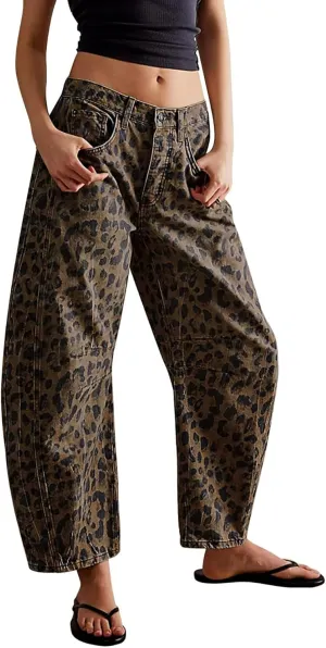 SAFRISIOR Leopard Jeans for Women Baggy Barrel Pants Mid Rise Cheetah Print Ankle Wide Leg Y2k Denim Trousers with Pockets