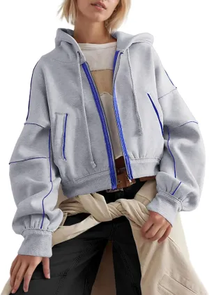 SAFRISIOR Women Zip Up Hoodies Fleece Crop Jackets Sweatshirt Long Sleeve Drawstring Hooded Pullover Sweaters