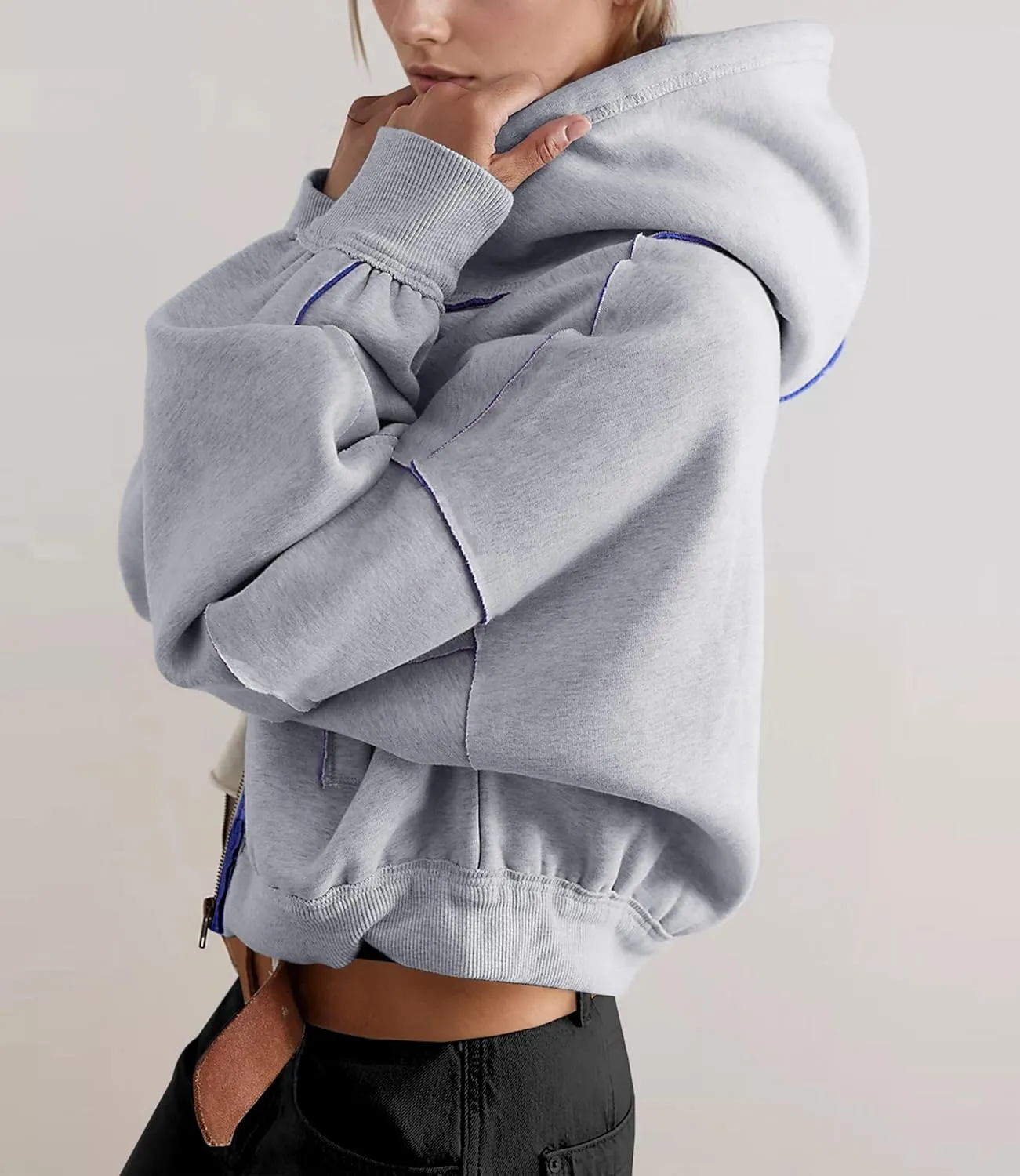 SAFRISIOR Women Zip Up Hoodies Fleece Crop Jackets Sweatshirt Long Sleeve Drawstring Hooded Pullover Sweaters