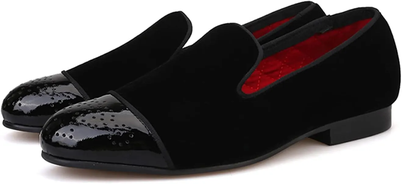 Santimon Black Dress Shoes Men Loafers Slip On Prom Wedding Velvet Slippers Fashion Tuxedo Casual Business Luxury Leather Shoes Smoking Party Disco Moccasins for Men