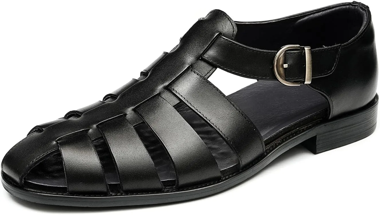 Santimon Mens Genuine Leather Sandals | Braided Cowhide Closed-Toe Dress Shoes | Retro Casual & Business Clogs for Men