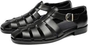 Santimon Mens Genuine Leather Sandals | Braided Cowhide Closed-Toe Dress Shoes | Retro Casual & Business Clogs for Men