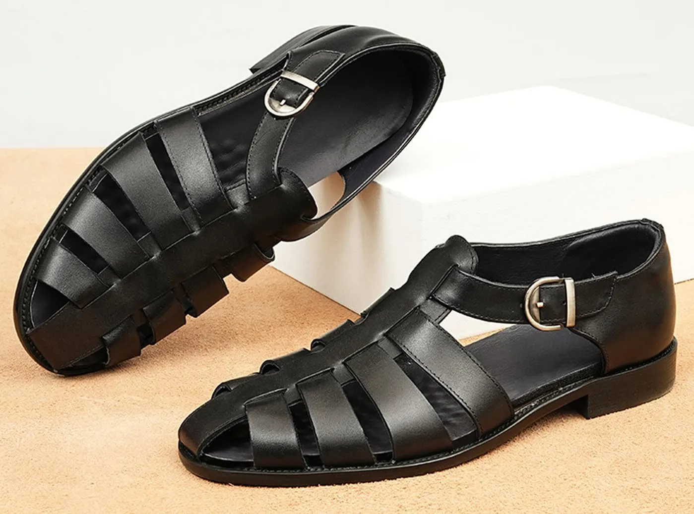 Santimon Mens Genuine Leather Sandals | Braided Cowhide Closed-Toe Dress Shoes | Retro Casual & Business Clogs for Men