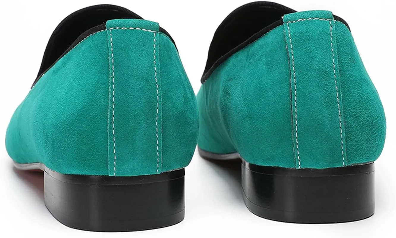 Santimon Mens Loafers Slip On Casual Wedding Dress Suede Penny Loafers Metal Cap Toe Green Dress Prom Smoking Shoes Fashion Ballroom Tuxedo Party Disco Tuxedo Western Mocasines for Men
