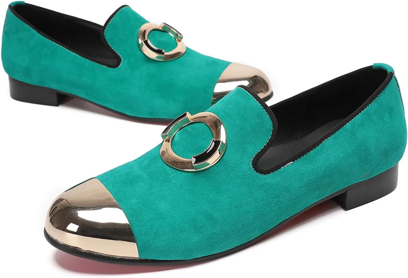 Santimon Mens Loafers Slip On Casual Wedding Dress Suede Penny Loafers Metal Cap Toe Green Dress Prom Smoking Shoes Fashion Ballroom Tuxedo Party Disco Tuxedo Western Mocasines for Men
