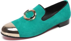 Santimon Mens Loafers Slip On Casual Wedding Dress Suede Penny Loafers Metal Cap Toe Green Dress Prom Smoking Shoes Fashion Ballroom Tuxedo Party Disco Tuxedo Western Mocasines for Men
