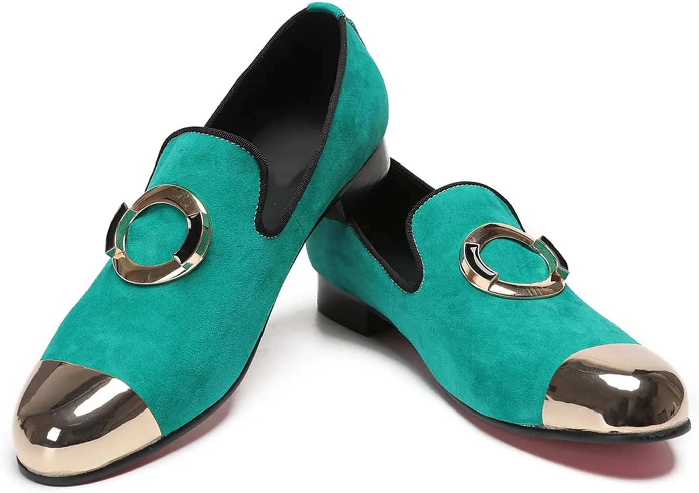 Santimon Mens Loafers Slip On Casual Wedding Dress Suede Penny Loafers Metal Cap Toe Green Dress Prom Smoking Shoes Fashion Ballroom Tuxedo Party Disco Tuxedo Western Mocasines for Men