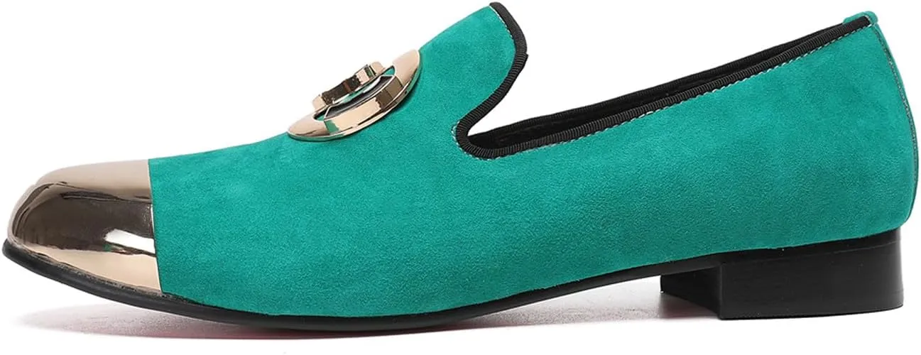 Santimon Mens Loafers Slip On Casual Wedding Dress Suede Penny Loafers Metal Cap Toe Green Dress Prom Smoking Shoes Fashion Ballroom Tuxedo Party Disco Tuxedo Western Mocasines for Men
