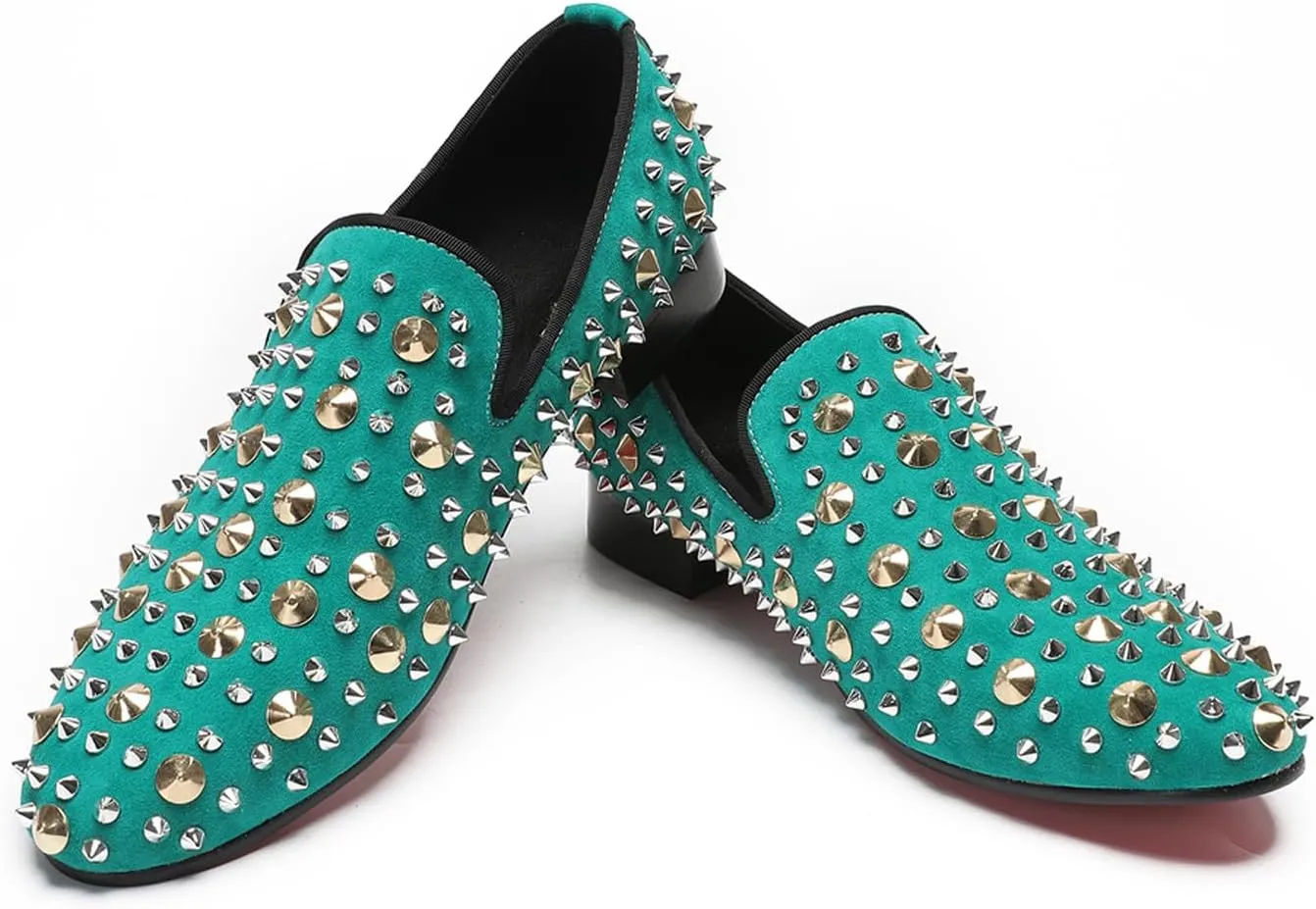 Santimon Mens Studded Loafers Spikes Rivets Luxury Penny Loafers Wedding Dress Slip On Party Prom Shoes Wingtip Suede Mocasines Casual Tuxedo Western Dsico Ballroom Smoking Shoes for Men