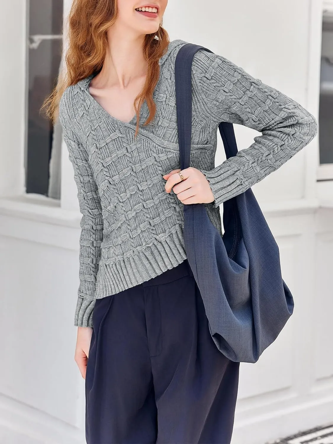 Saodimallsu Womens Cropped Sweaters V Neck Hooded Cable Knit Long Sleeve Asymmetrical Soft Pullover Crop Tops