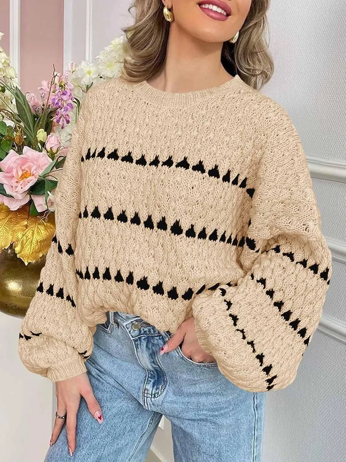 Saodimallsu Womens Oversized Sweaters Striped Long Lantern Sleeve Crew Neck Fall Trendy Knit Pullover Sweater