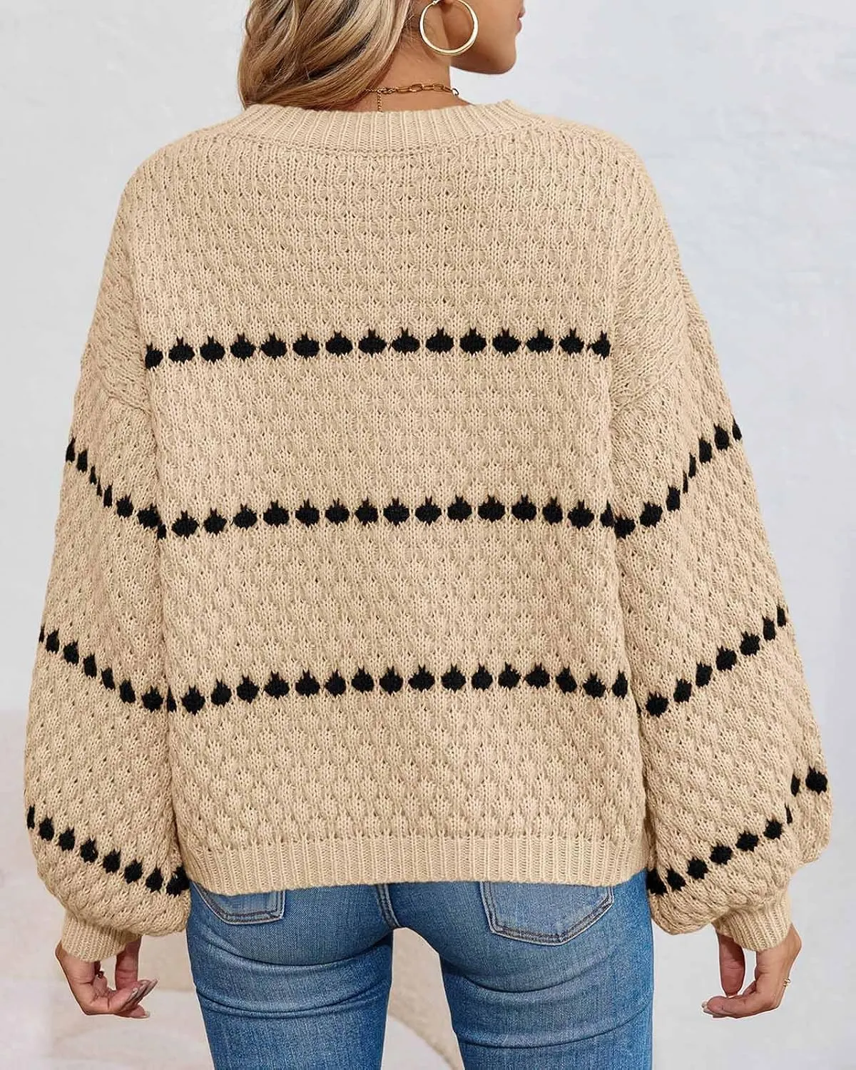 Saodimallsu Womens Oversized Sweaters Striped Long Lantern Sleeve Crew Neck Fall Trendy Knit Pullover Sweater