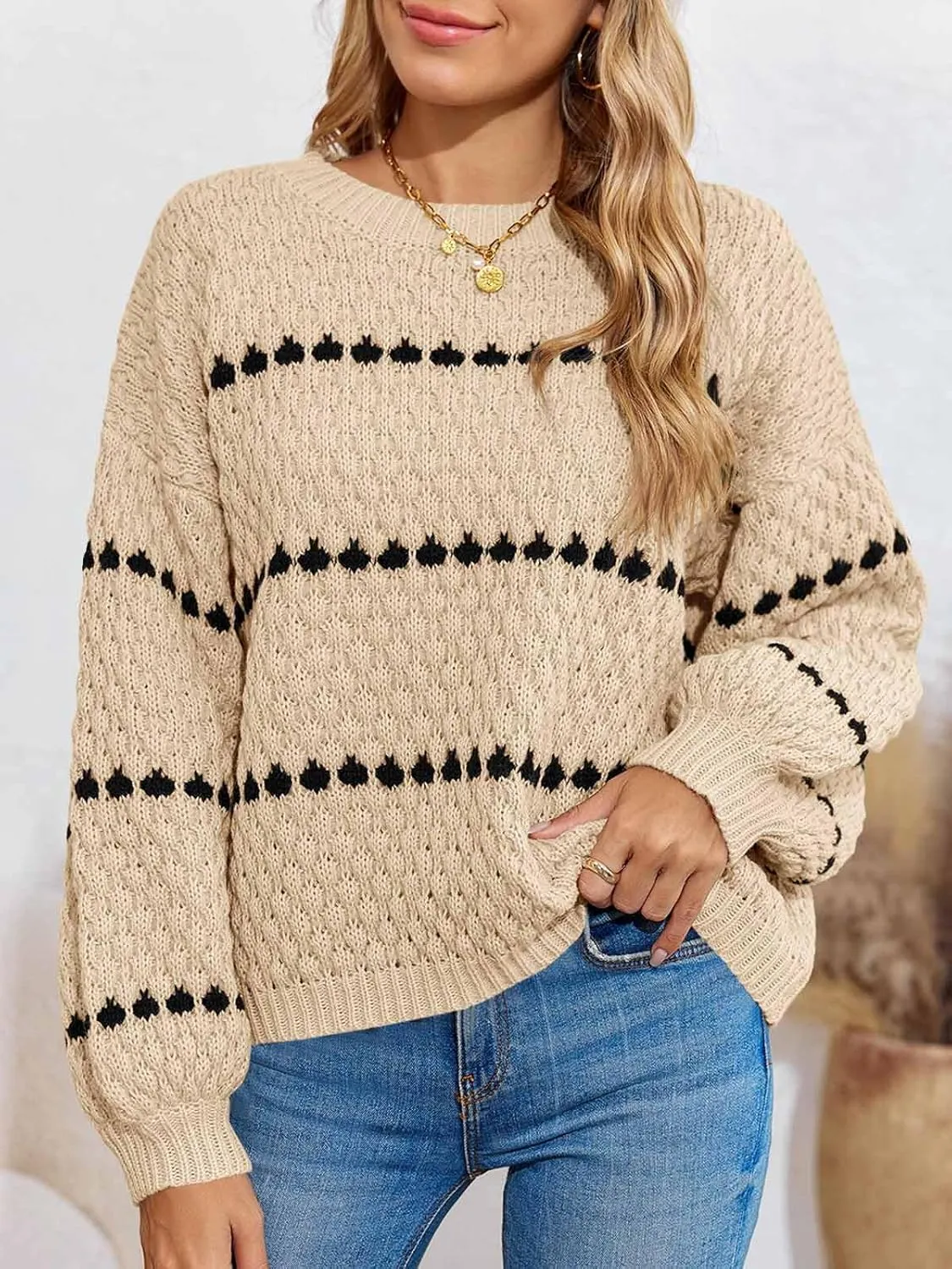 Saodimallsu Womens Oversized Sweaters Striped Long Lantern Sleeve Crew Neck Fall Trendy Knit Pullover Sweater