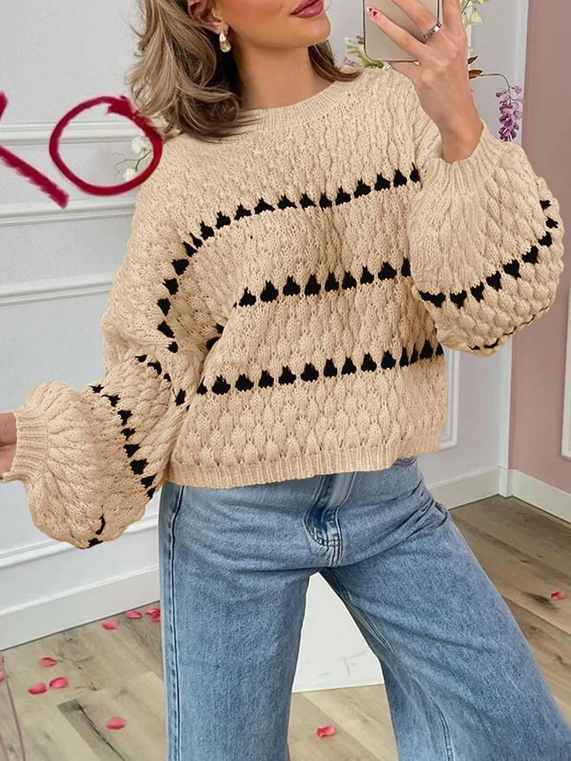 Saodimallsu Womens Oversized Sweaters Striped Long Lantern Sleeve Crew Neck Fall Trendy Knit Pullover Sweater