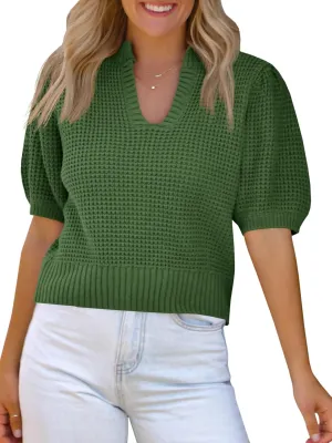Saodimallsu Womens Puff Short Sleeve Sweater Top Waffle Knit V Neck Spring Summer Cropped Trendy Cute Shirts Blouses