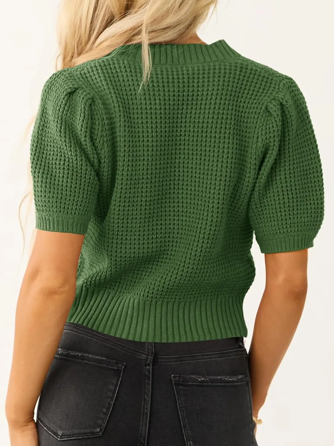 Saodimallsu Womens Puff Short Sleeve Sweater Top Waffle Knit V Neck Spring Summer Cropped Trendy Cute Shirts Blouses