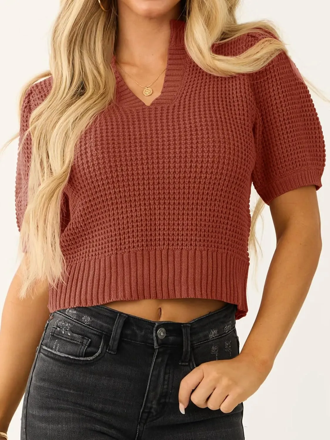 Saodimallsu Womens Puff Short Sleeve Sweater Top Waffle Knit V Neck Spring Summer Cropped Trendy Cute Shirts Blouses