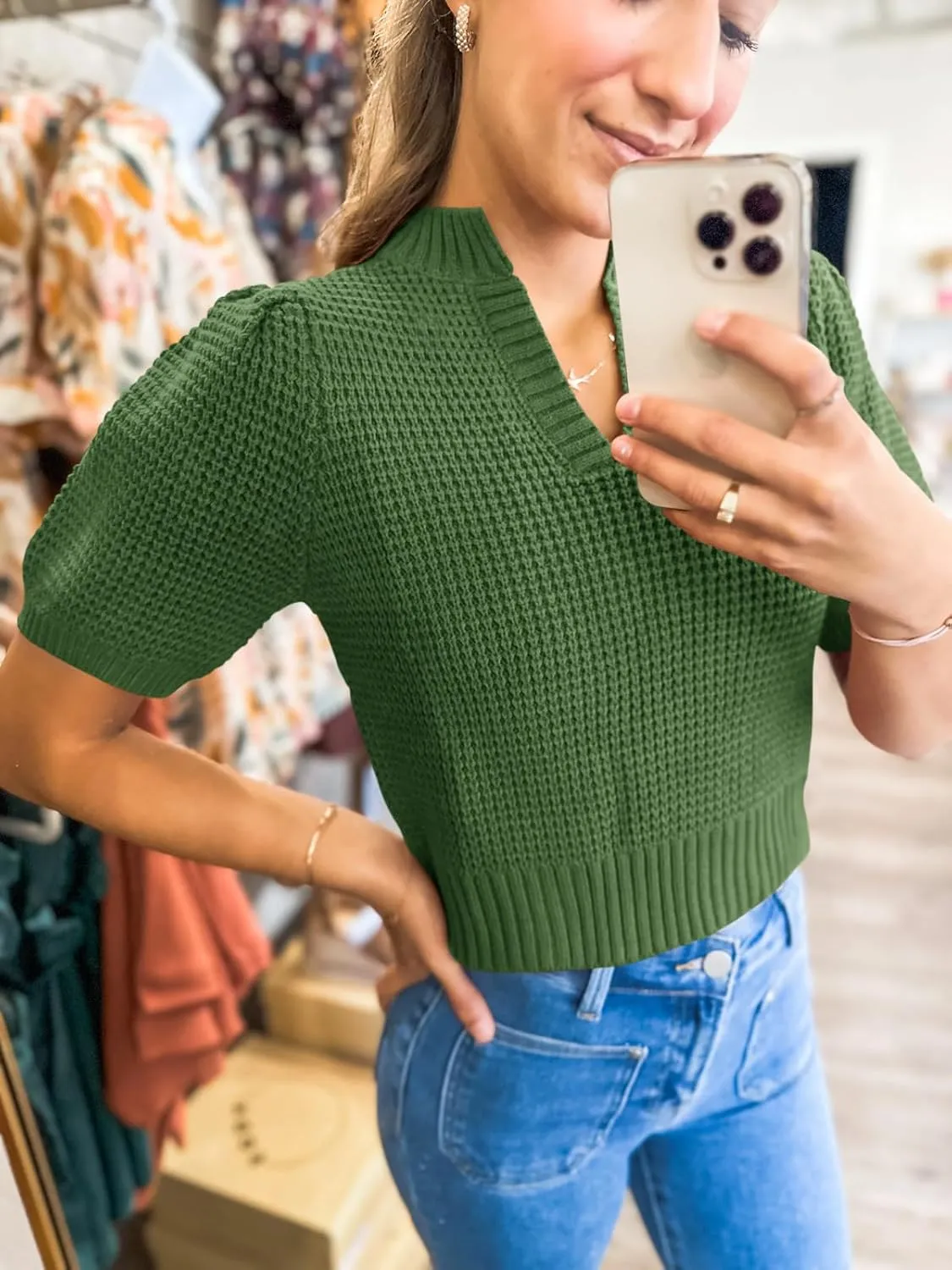 Saodimallsu Womens Puff Short Sleeve Sweater Top Waffle Knit V Neck Spring Summer Cropped Trendy Cute Shirts Blouses