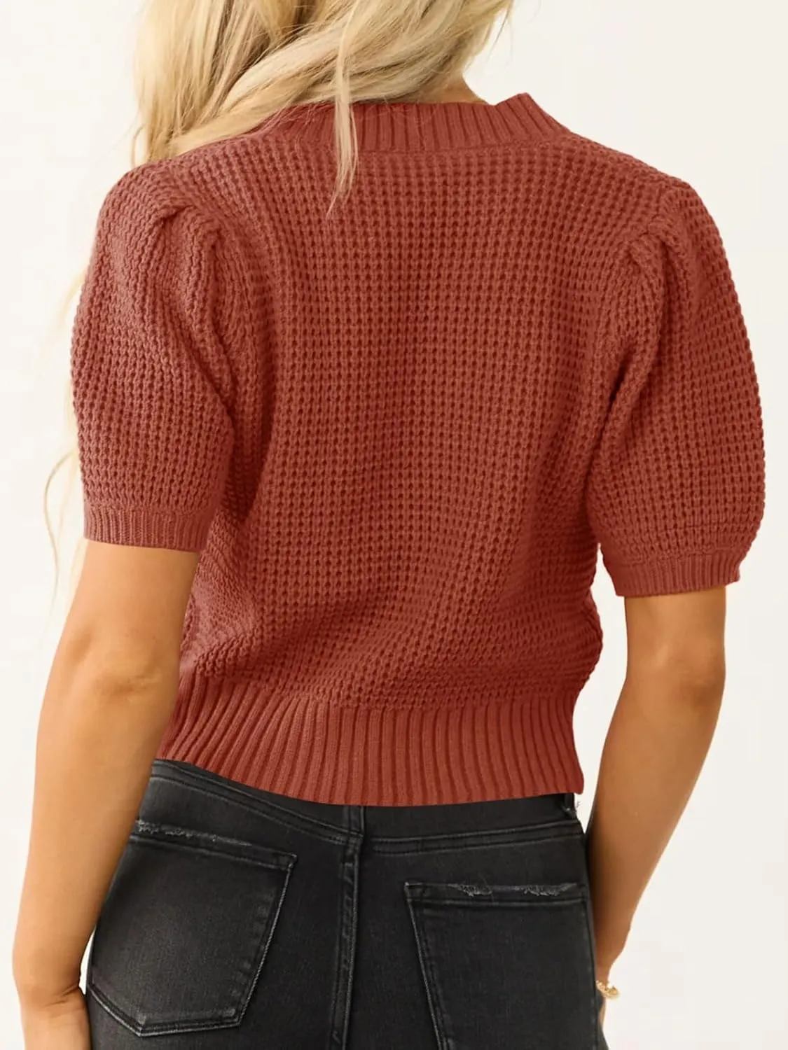 Saodimallsu Womens Puff Short Sleeve Sweater Top Waffle Knit V Neck Spring Summer Cropped Trendy Cute Shirts Blouses