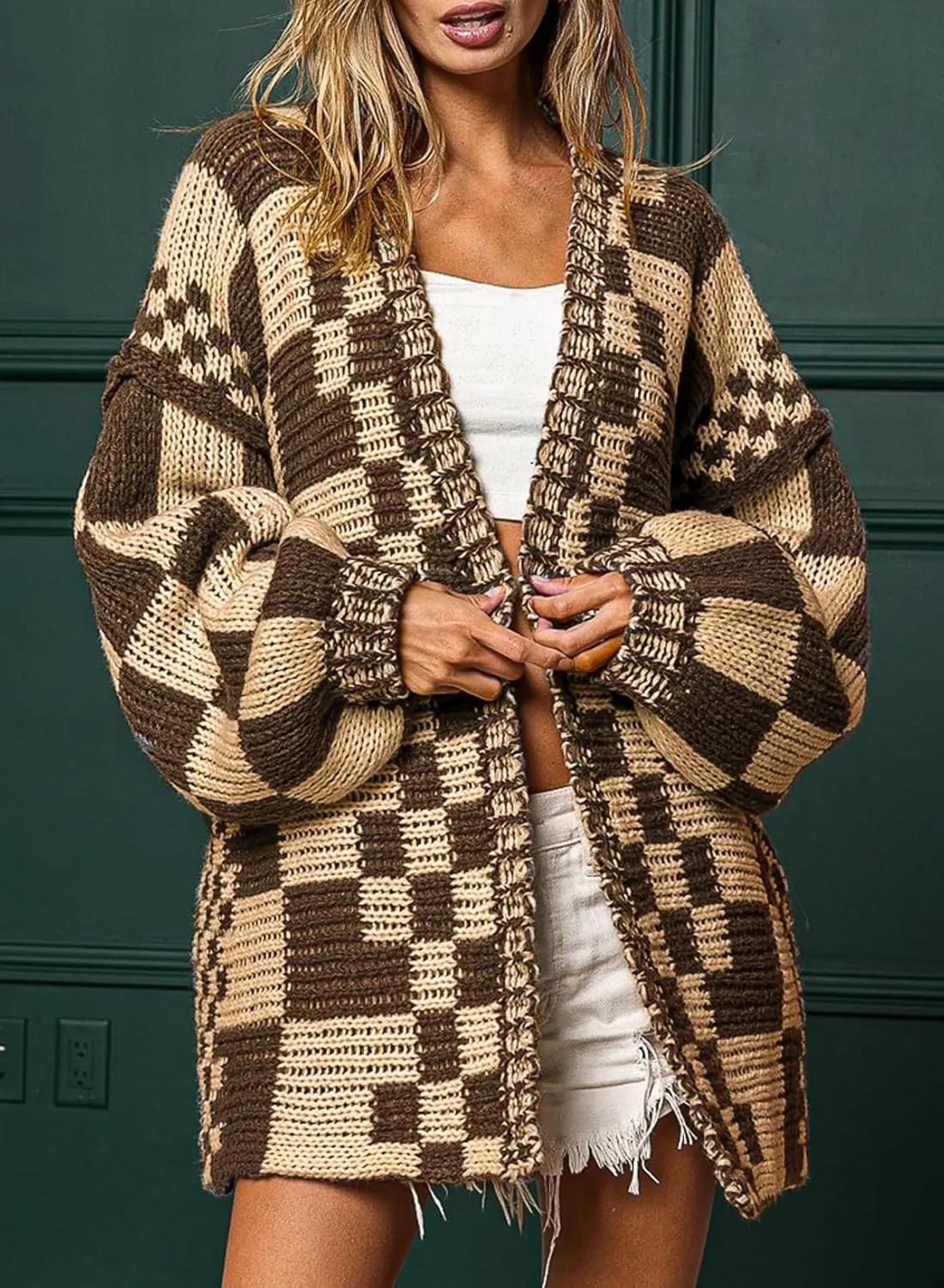 SELINK Women's Cardigan Sweater Vintage Open Front Mixed Checkered Pattern Chunky Knit Plaid Long Sleeve Daily Outwear