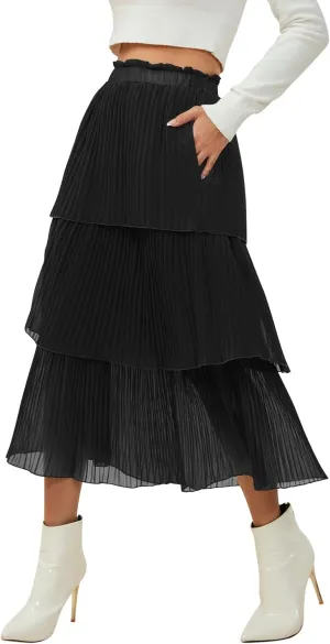 SENFURE Women's Elastic Waist - Chiffon Pleated A-Line Flowy Maxi Skirt