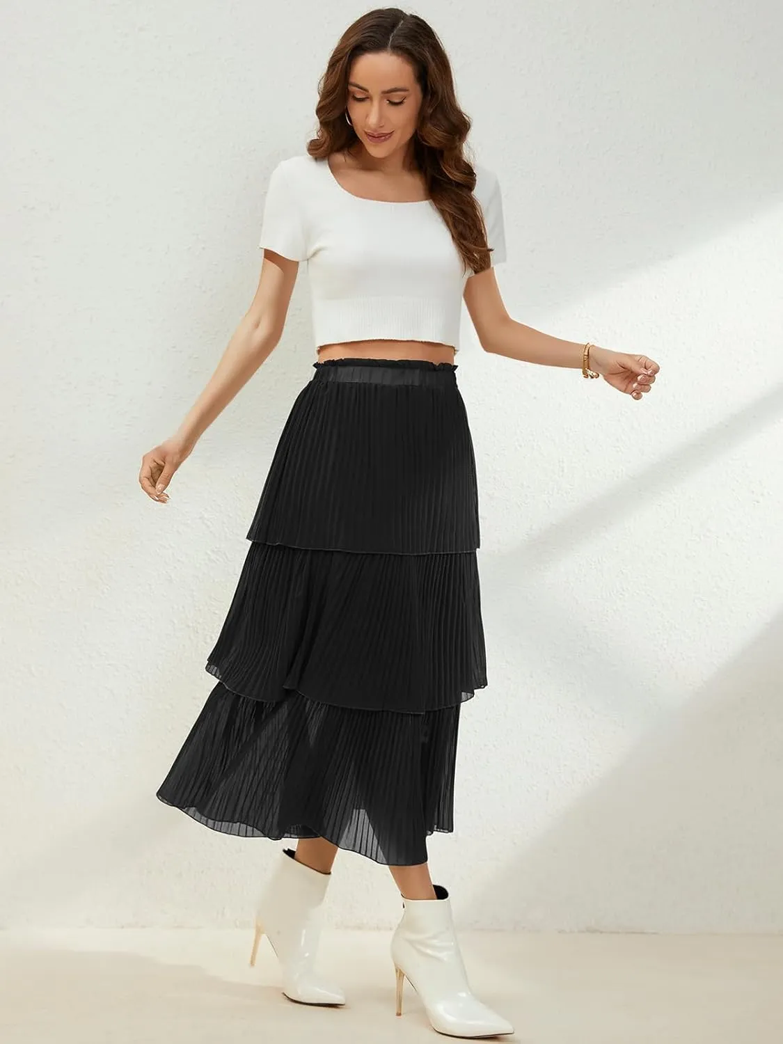 SENFURE Women's Elastic Waist - Chiffon Pleated A-Line Flowy Maxi Skirt