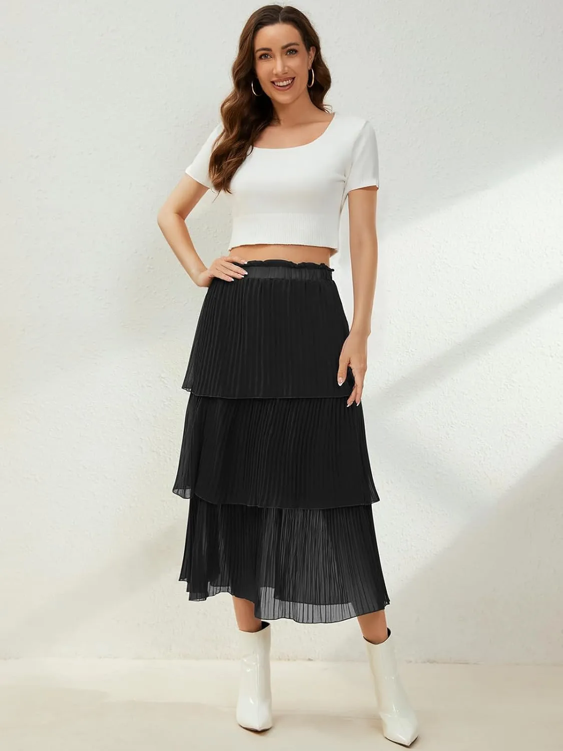 SENFURE Women's Elastic Waist - Chiffon Pleated A-Line Flowy Maxi Skirt